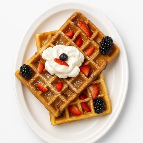 Two golden waffles topped with whipped cream, strawberries, and blackberries on a white plate.