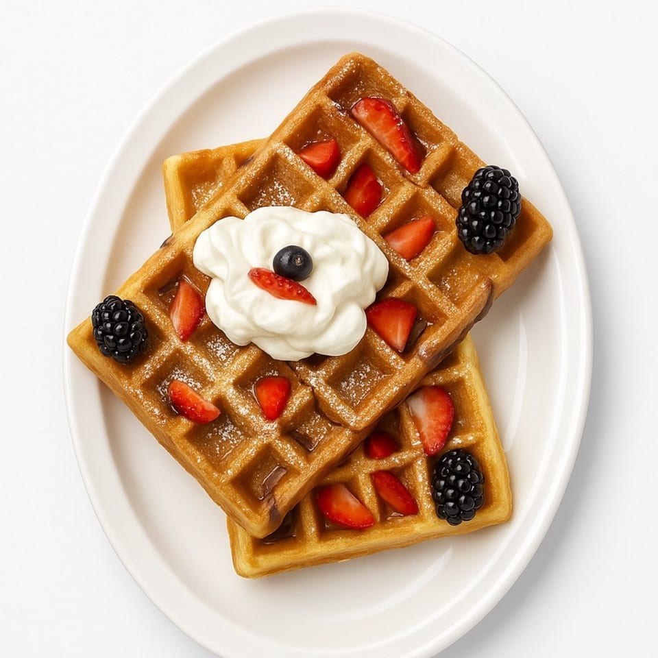 Two golden waffles topped with whipped cream, strawberries, and blackberries on a white plate.